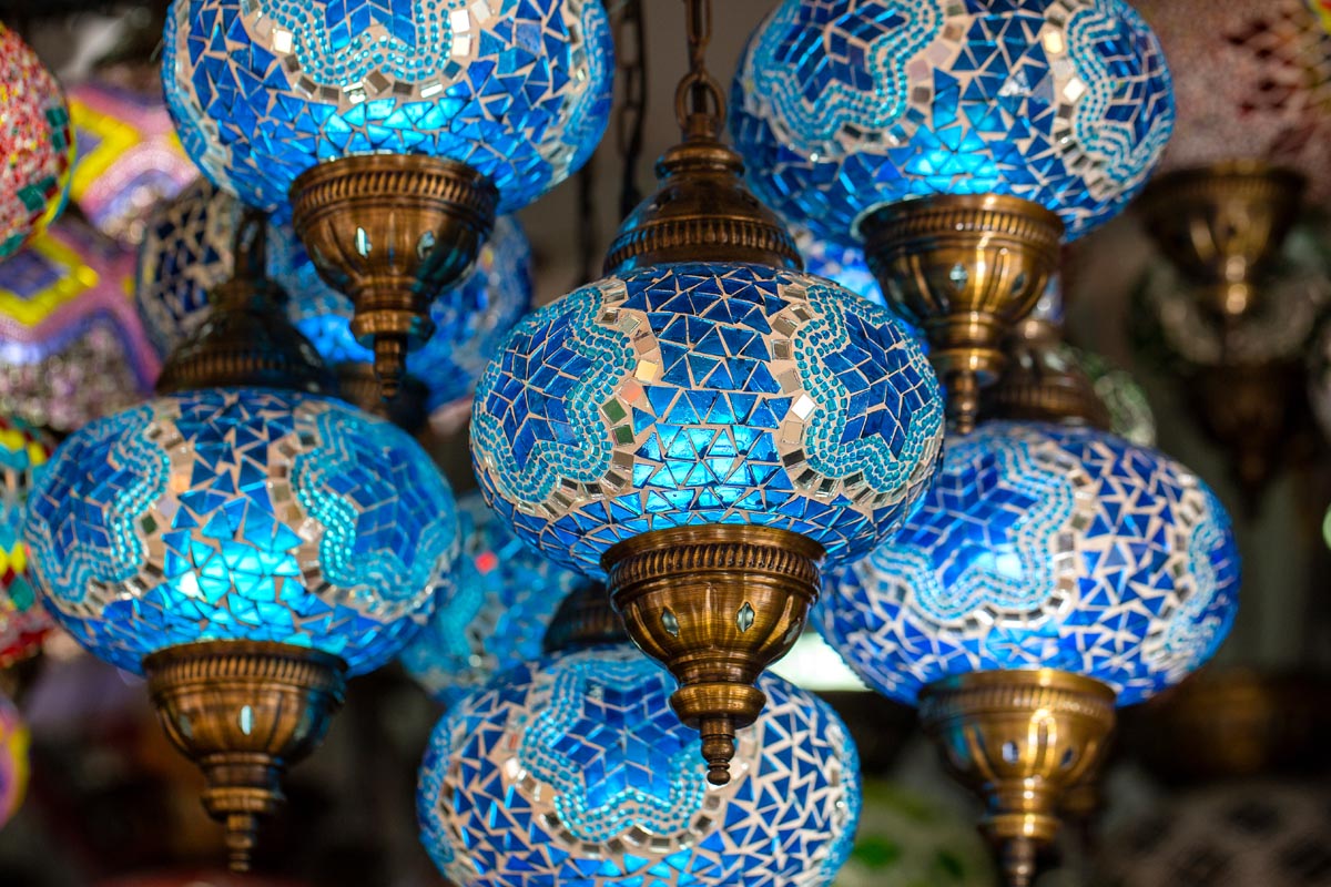 Colorful glass lamps chandelier detail in Turkey. Close up - Istambul grand bazaar glass lamps