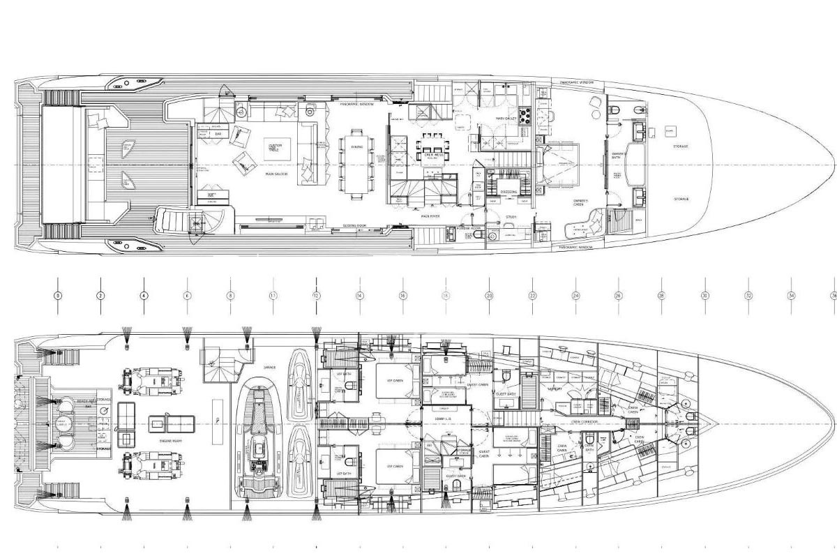 Benetti Fast 131 CHARADE main lower deck layout Benetti Fast 125 CHARADE main and lower deck layout plan