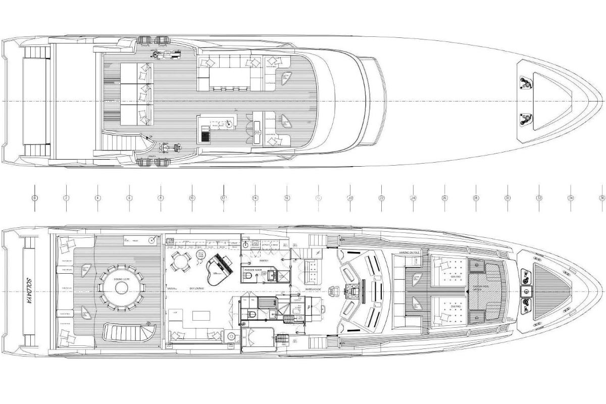Benetti Fast 131CHARAGE Top and lower deck layout plan Benetti Fast 125 CHARADE top an upper deck layout plan