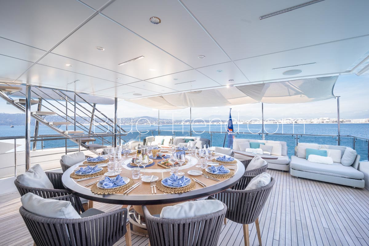 charter yacht CHARADE upper deck al-fresco dining and lounge area charter yacht CHARADE upper deck al-fresco dining and lounge area