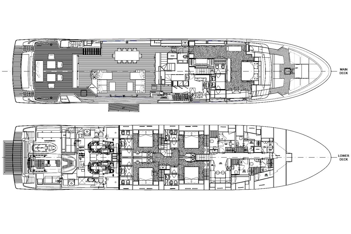 Sanlorenzo 120A VAUBAN main and lower deck layout plan Sanlorenzo 120A VAUBAN main and lower deck layout plan